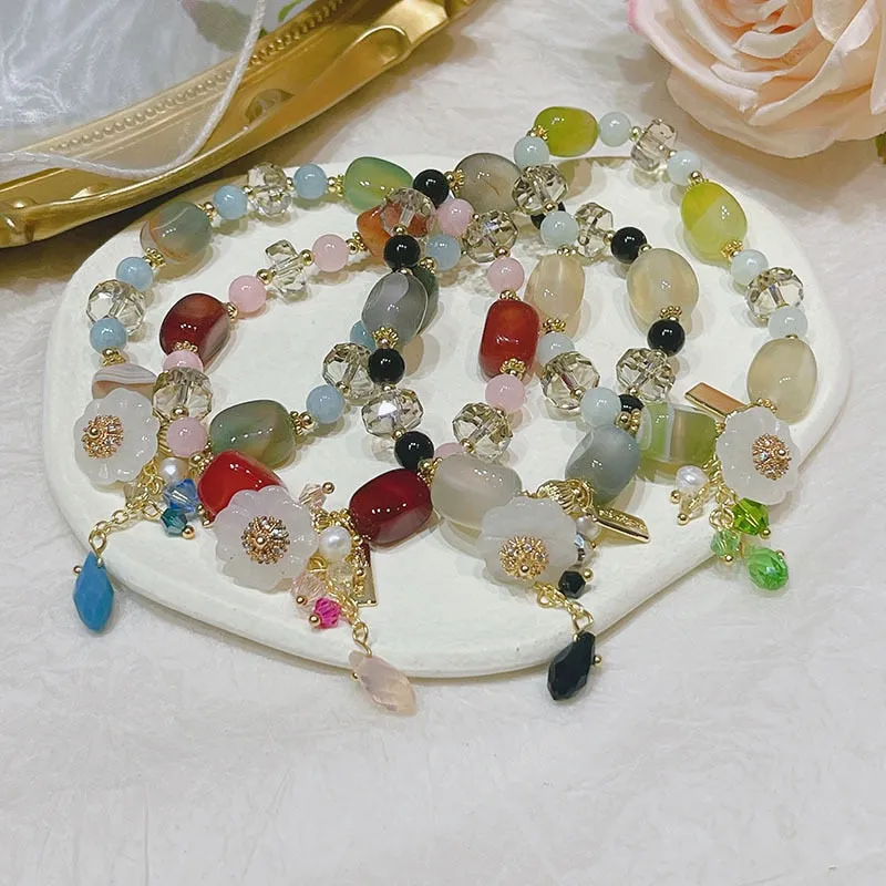 Red Blue Green Black Natural Agate Floral Crystal Bead Bracelet