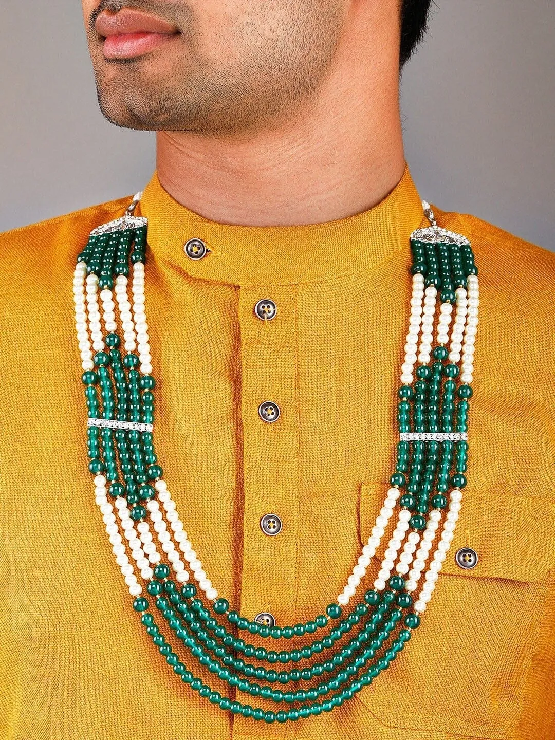 Rubans Mens Green & White Beaded Layered Necklace.