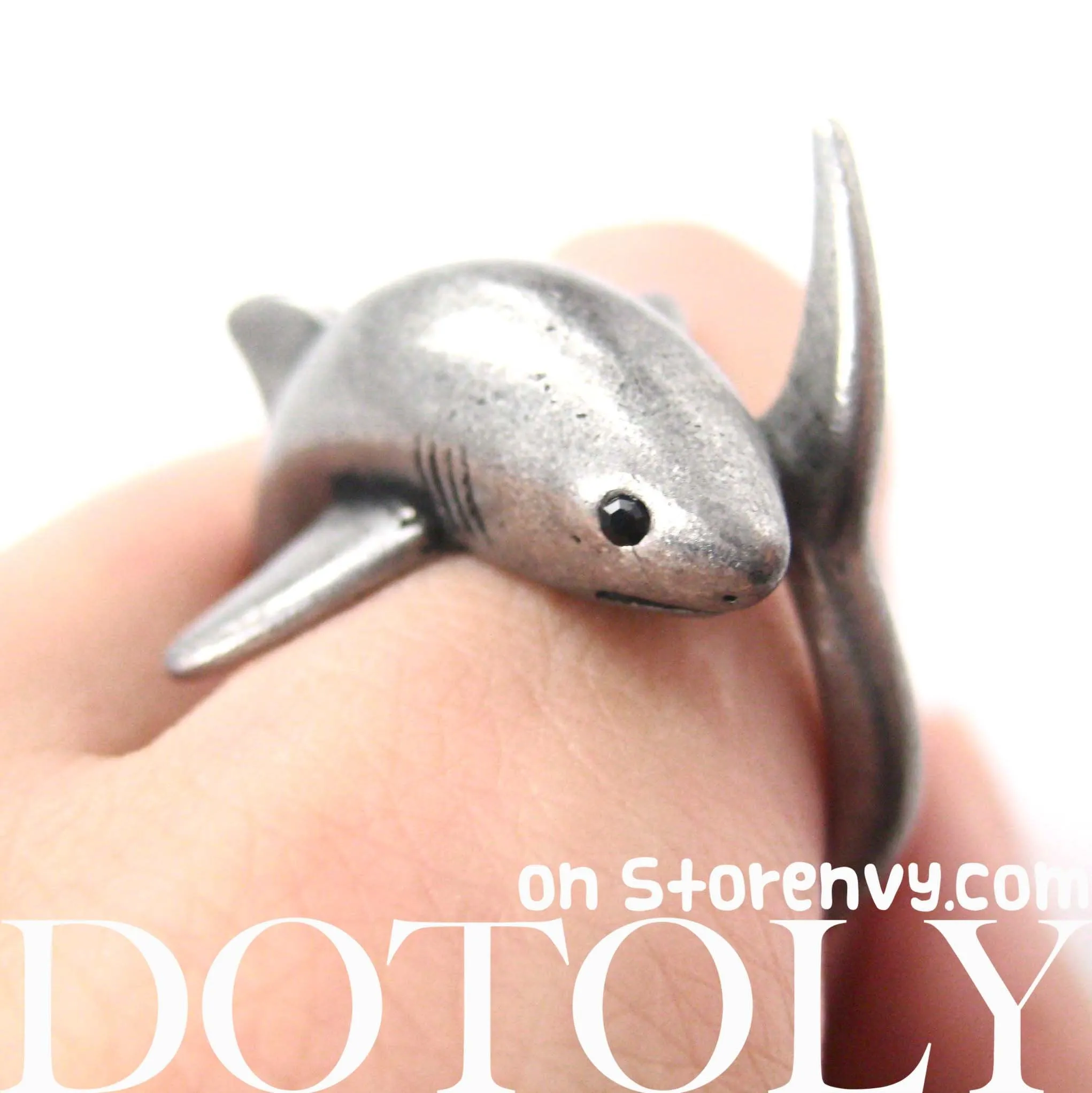 Shark Sea Animal Wrap Around Realistic Ring in Silver - Size 5 to 10