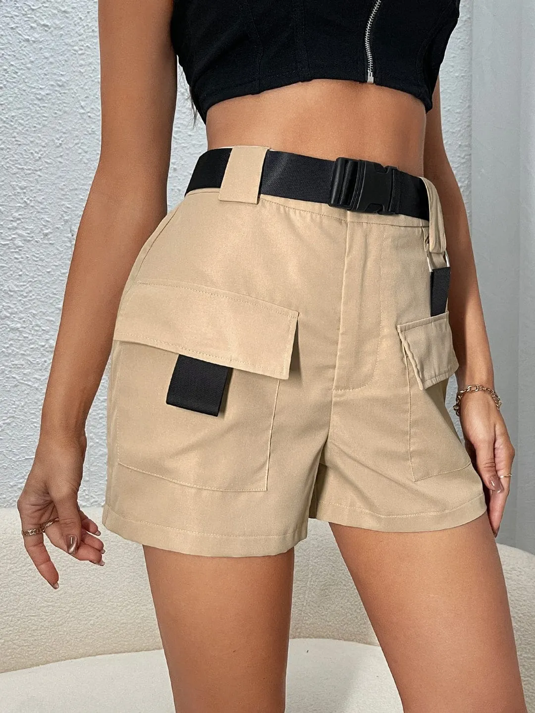 Shorts Donna Vita Alta Passanti Cintura Clip Tasche Casual Comodo