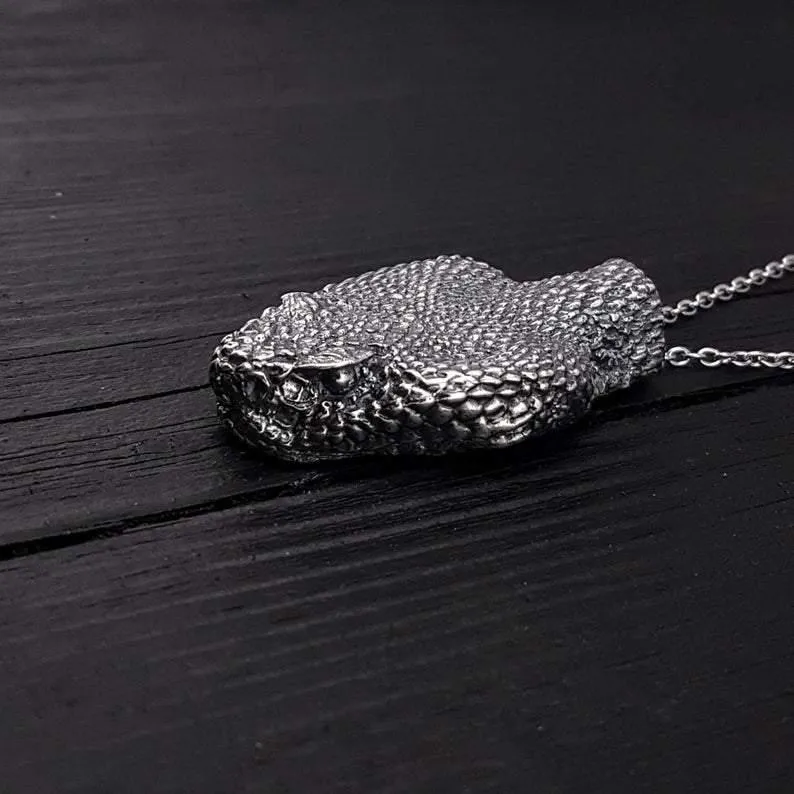 Silver Rattlesnake Head Pendant Necklace Life Size Solid Stainless Steel