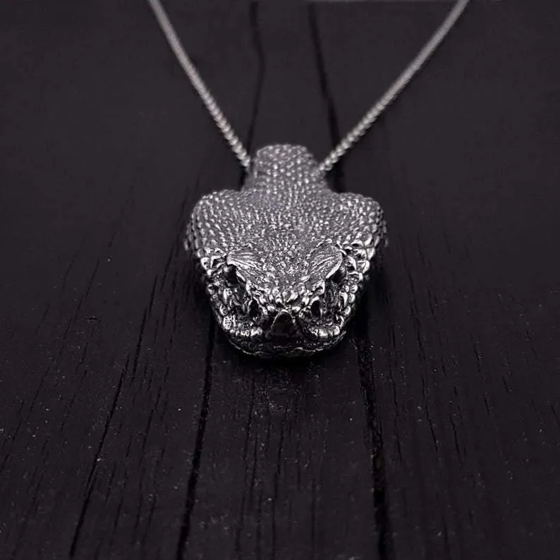 Silver Rattlesnake Head Pendant Necklace Life Size Solid Stainless Steel