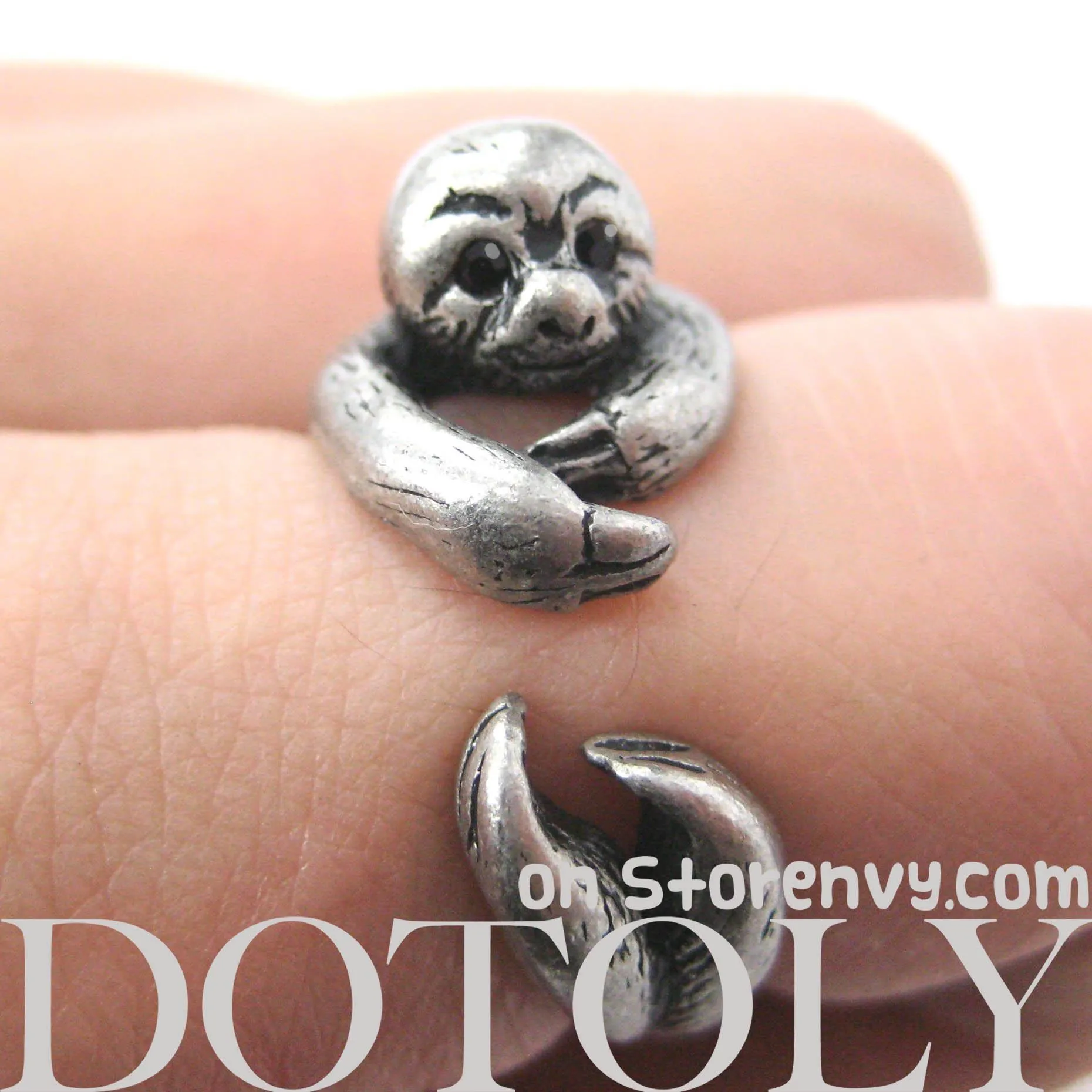 Sloth Animal Wrap Around Hug Ring in Silver - Size 4 to 9 Available