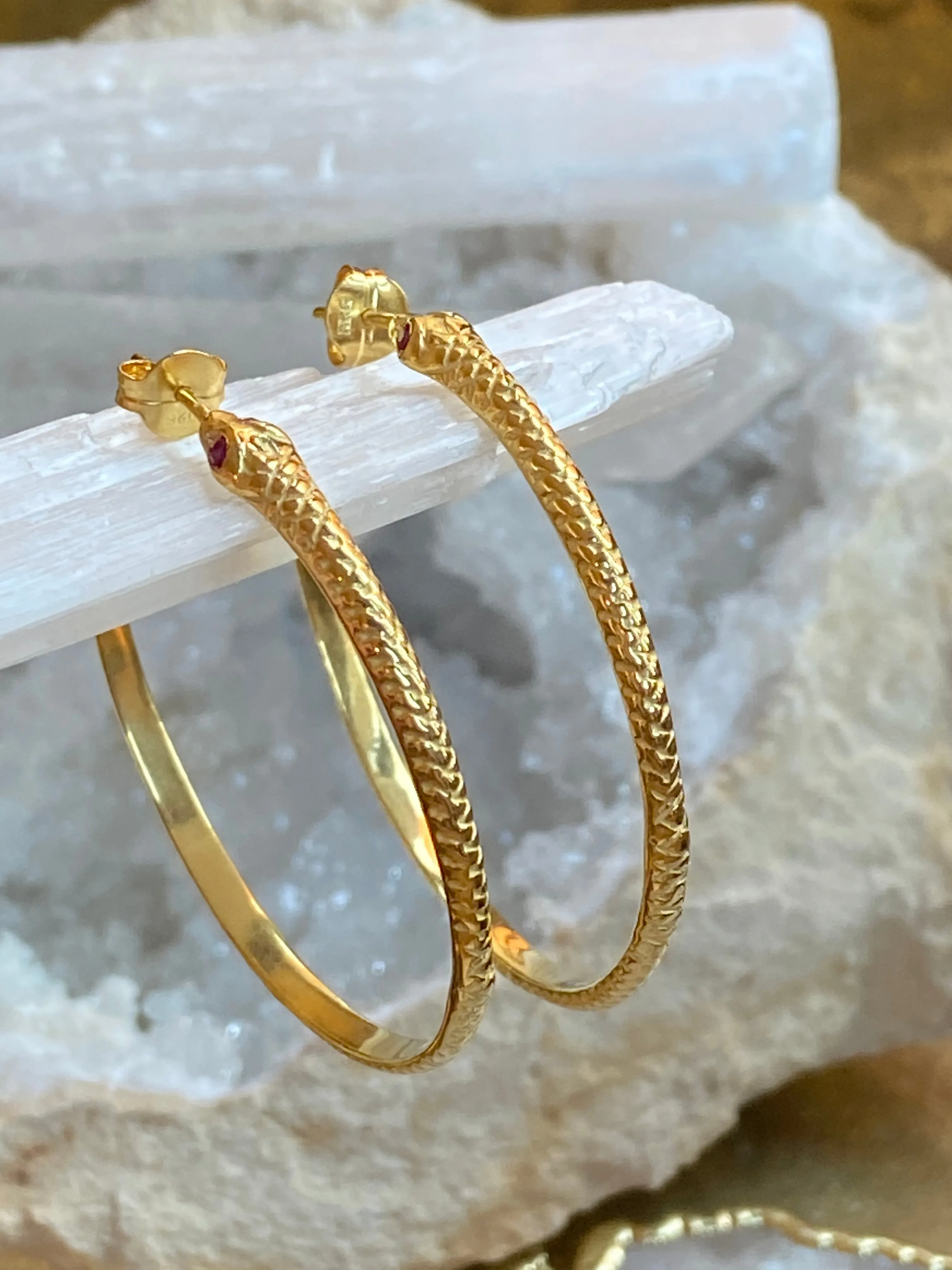 Snake Hoop Earrings with Ruby Gemstone Eyes