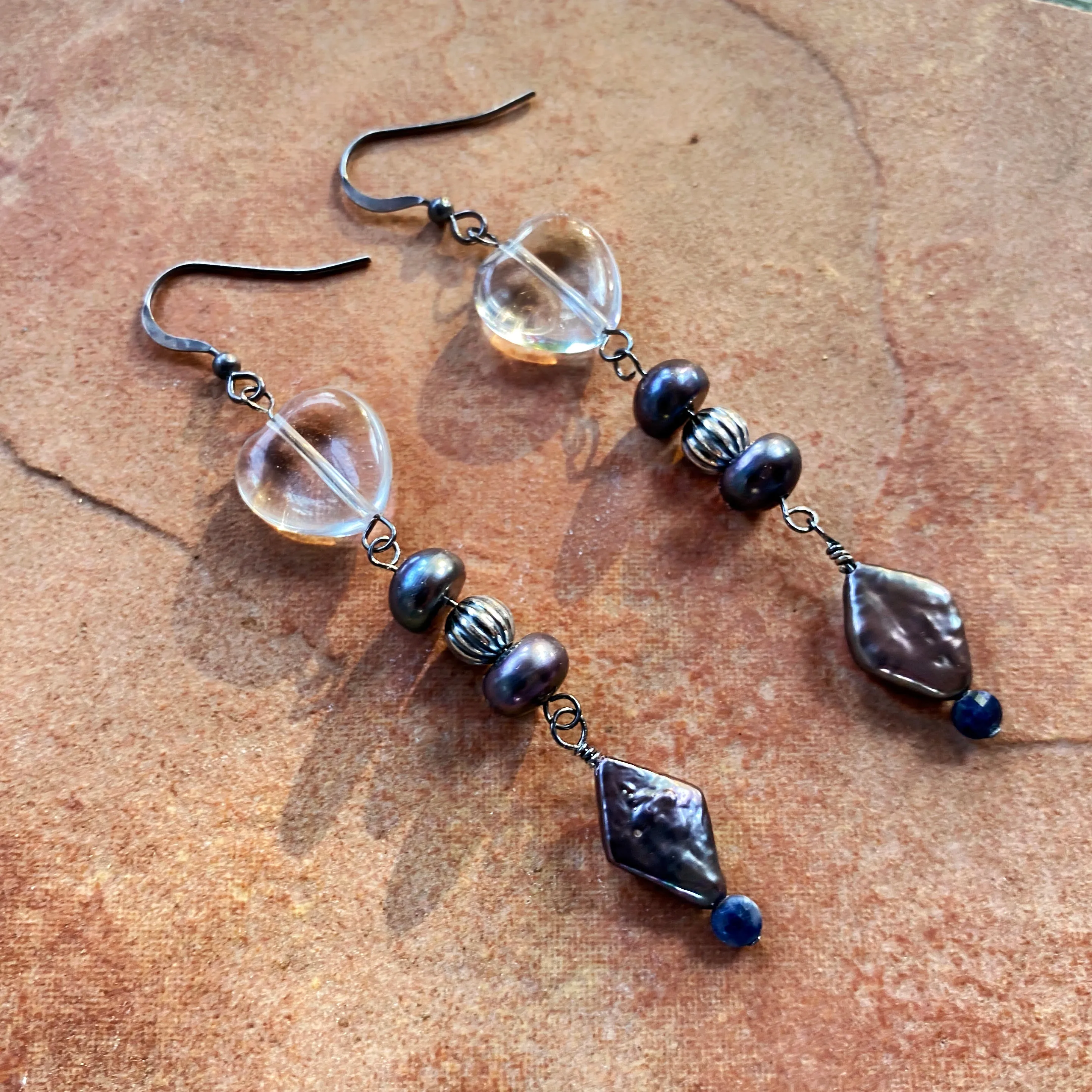 Sterling silver, fresh water pearl, clear quartz heart, Blue sapphire Drop earrings