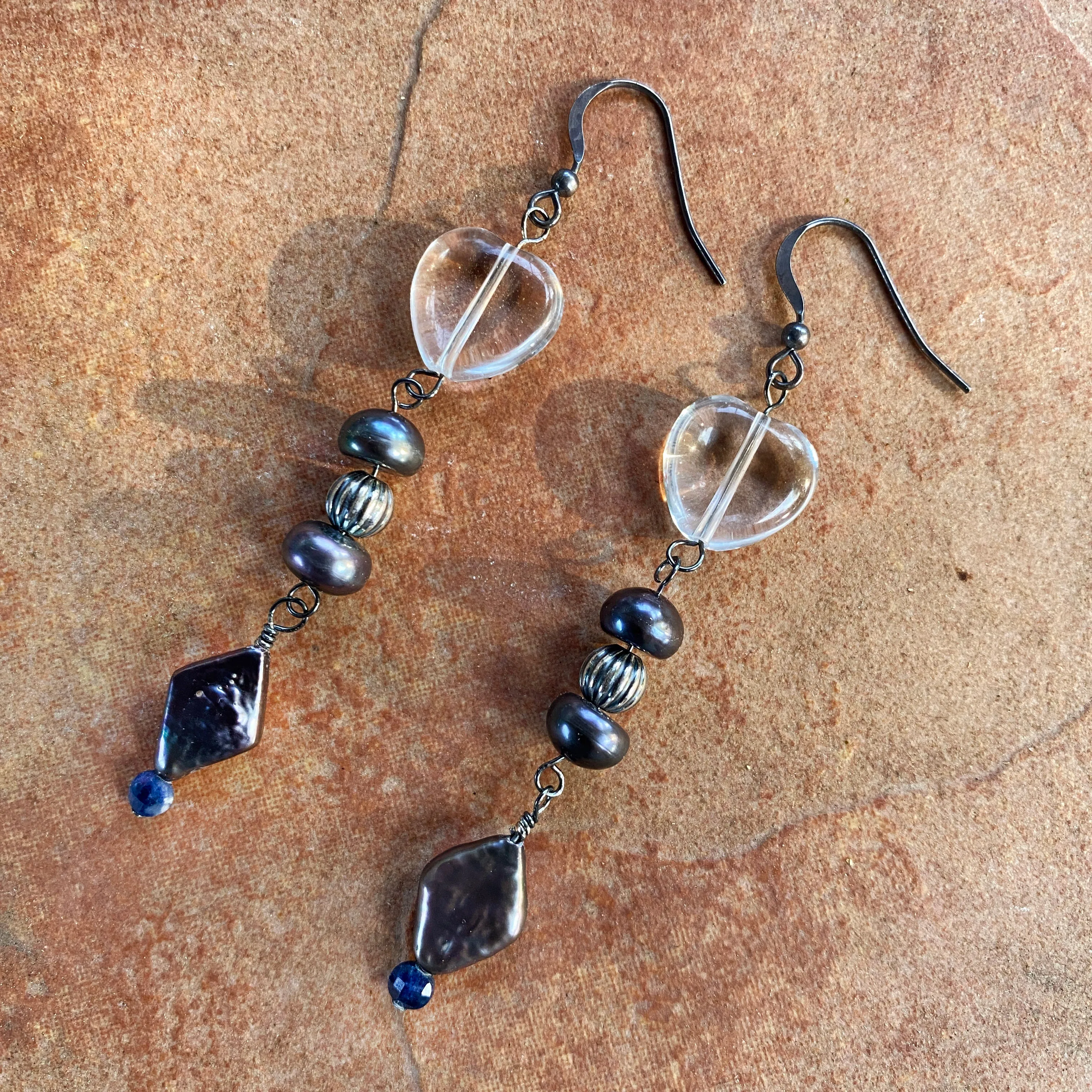 Sterling silver, fresh water pearl, clear quartz heart, Blue sapphire Drop earrings