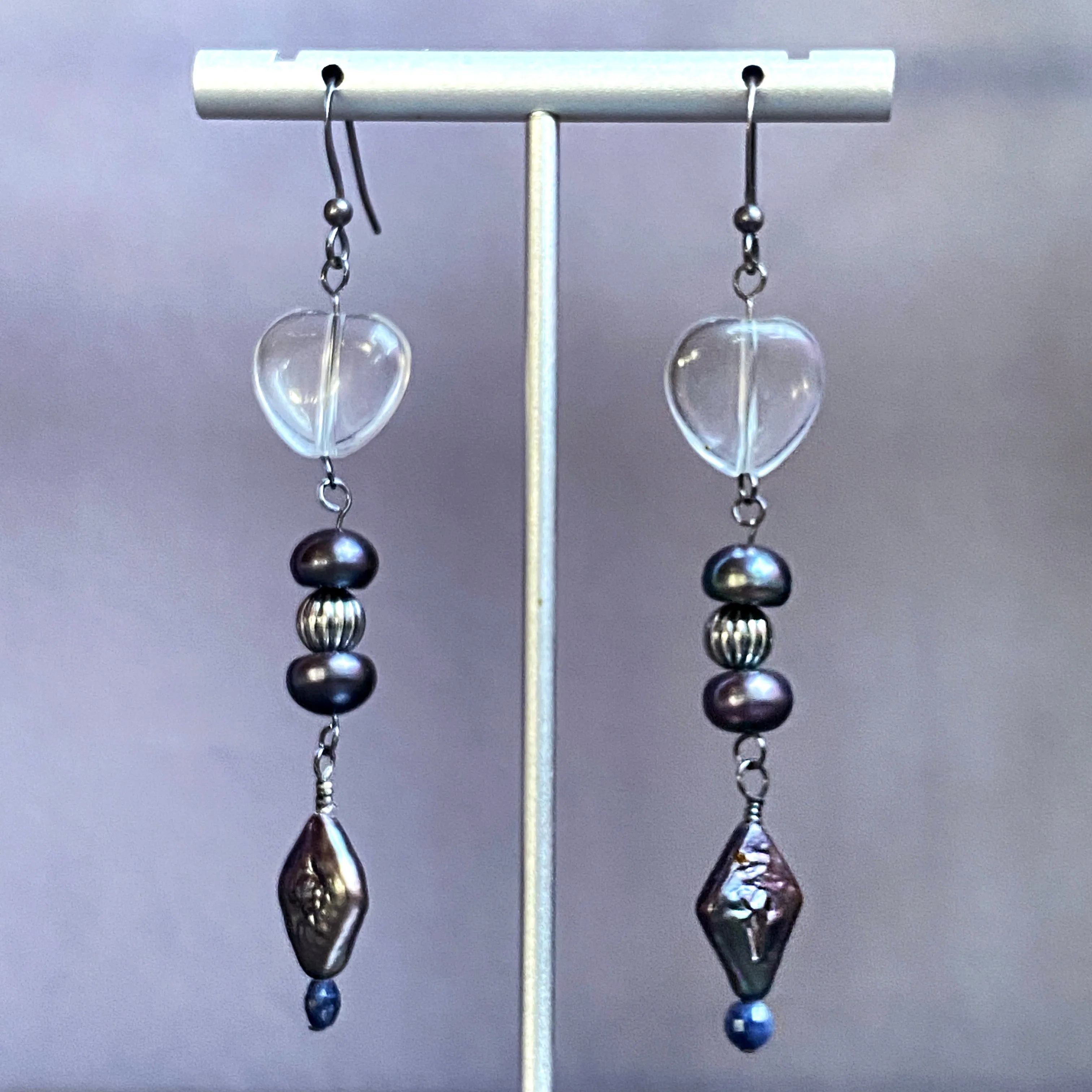 Sterling silver, fresh water pearl, clear quartz heart, Blue sapphire Drop earrings