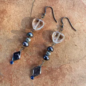 Sterling silver, fresh water pearl, clear quartz heart, Blue sapphire Drop earrings