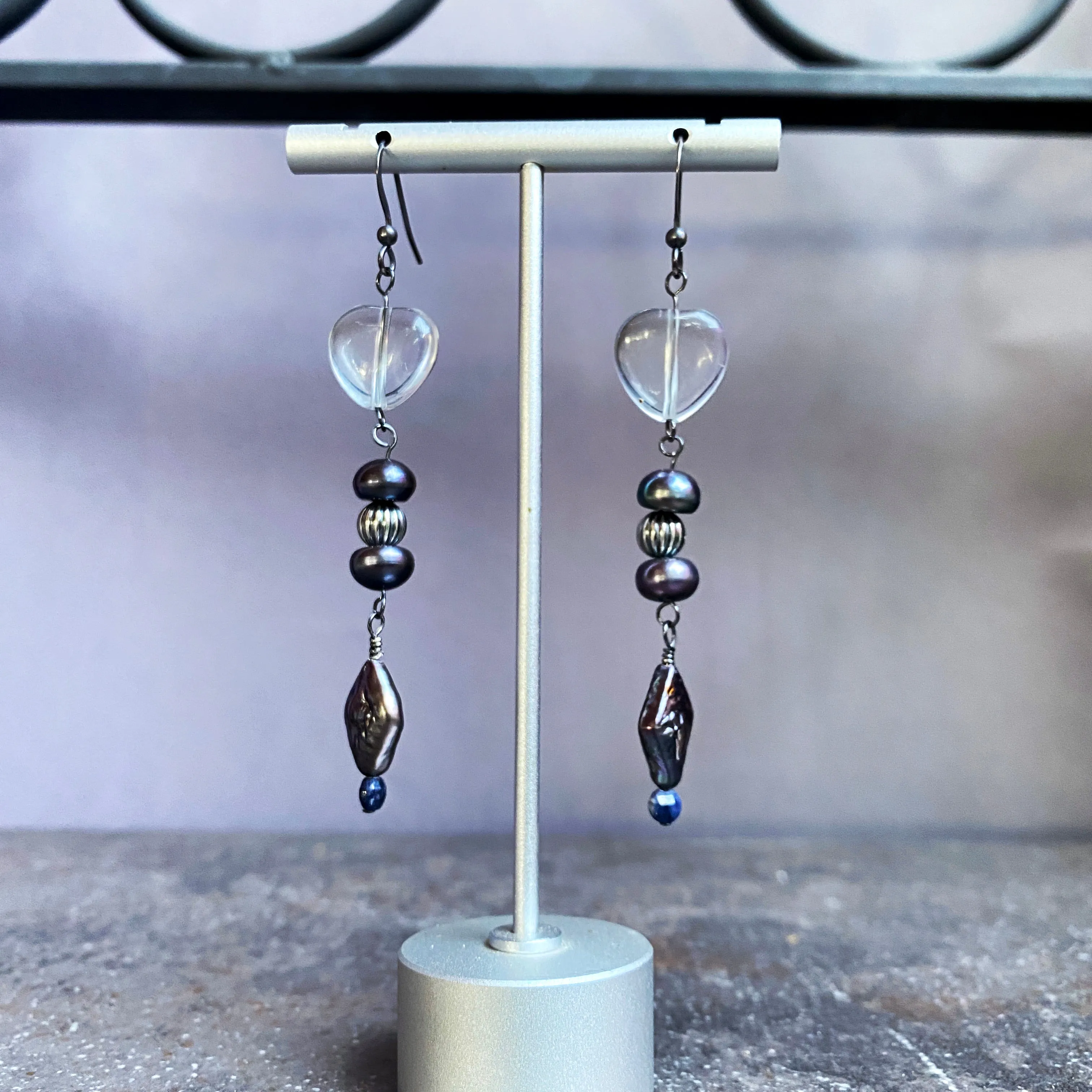 Sterling silver, fresh water pearl, clear quartz heart, Blue sapphire Drop earrings