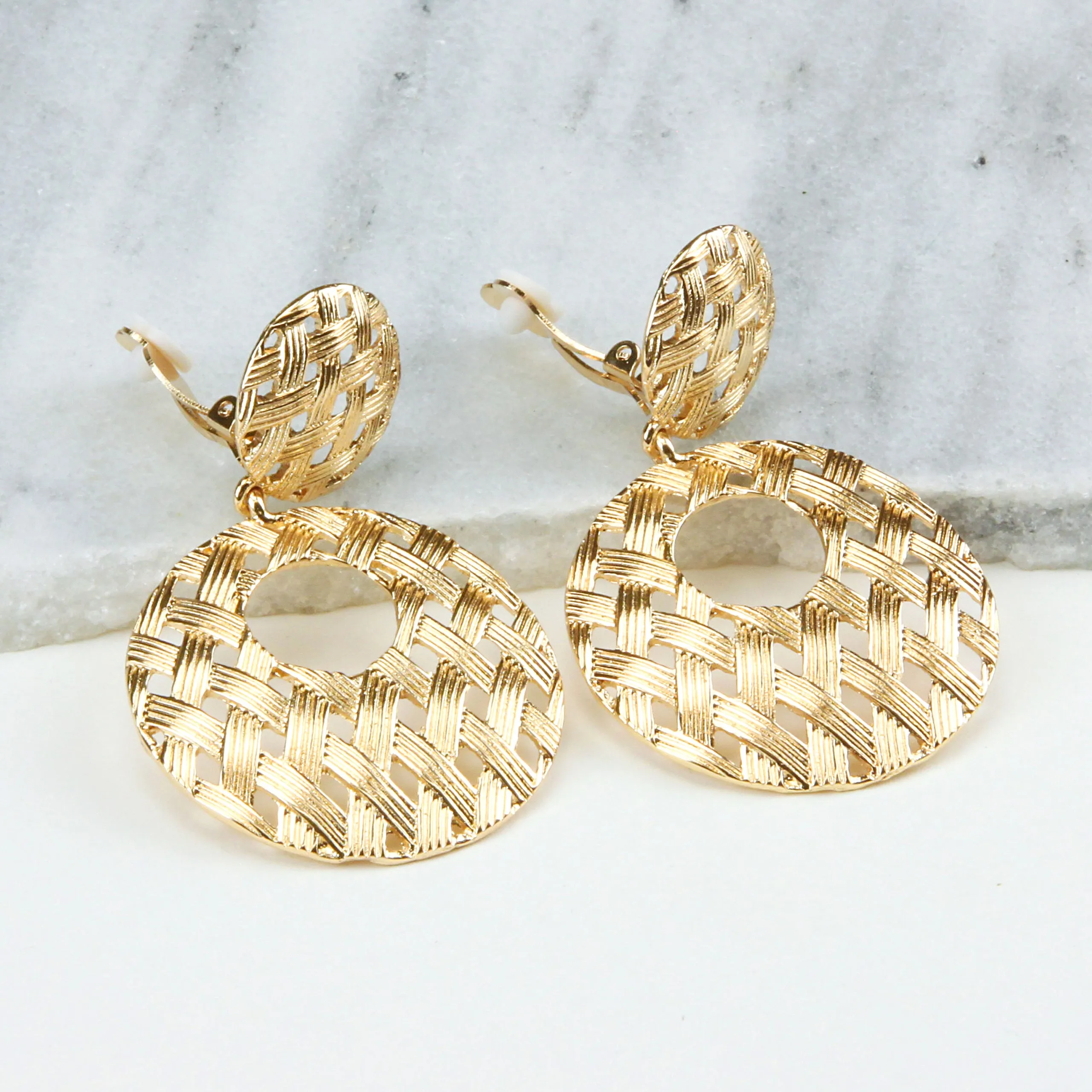 Teresa Round Woven Drop Clip-on Earrings - Gold