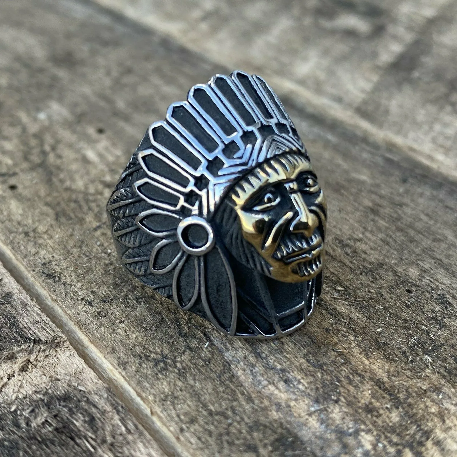 Two-Tone Stainless Steel Indian Chief Tribal Ring