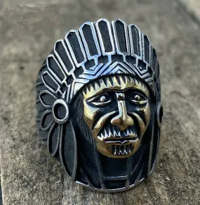 Two-Tone Stainless Steel Indian Chief Tribal Ring