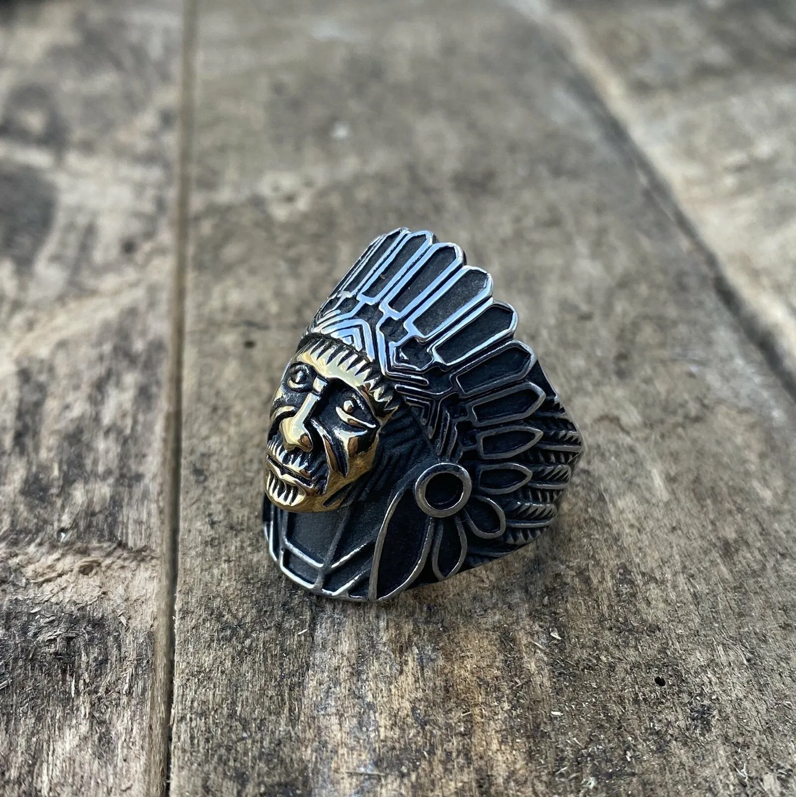 Two-Tone Stainless Steel Indian Chief Tribal Ring