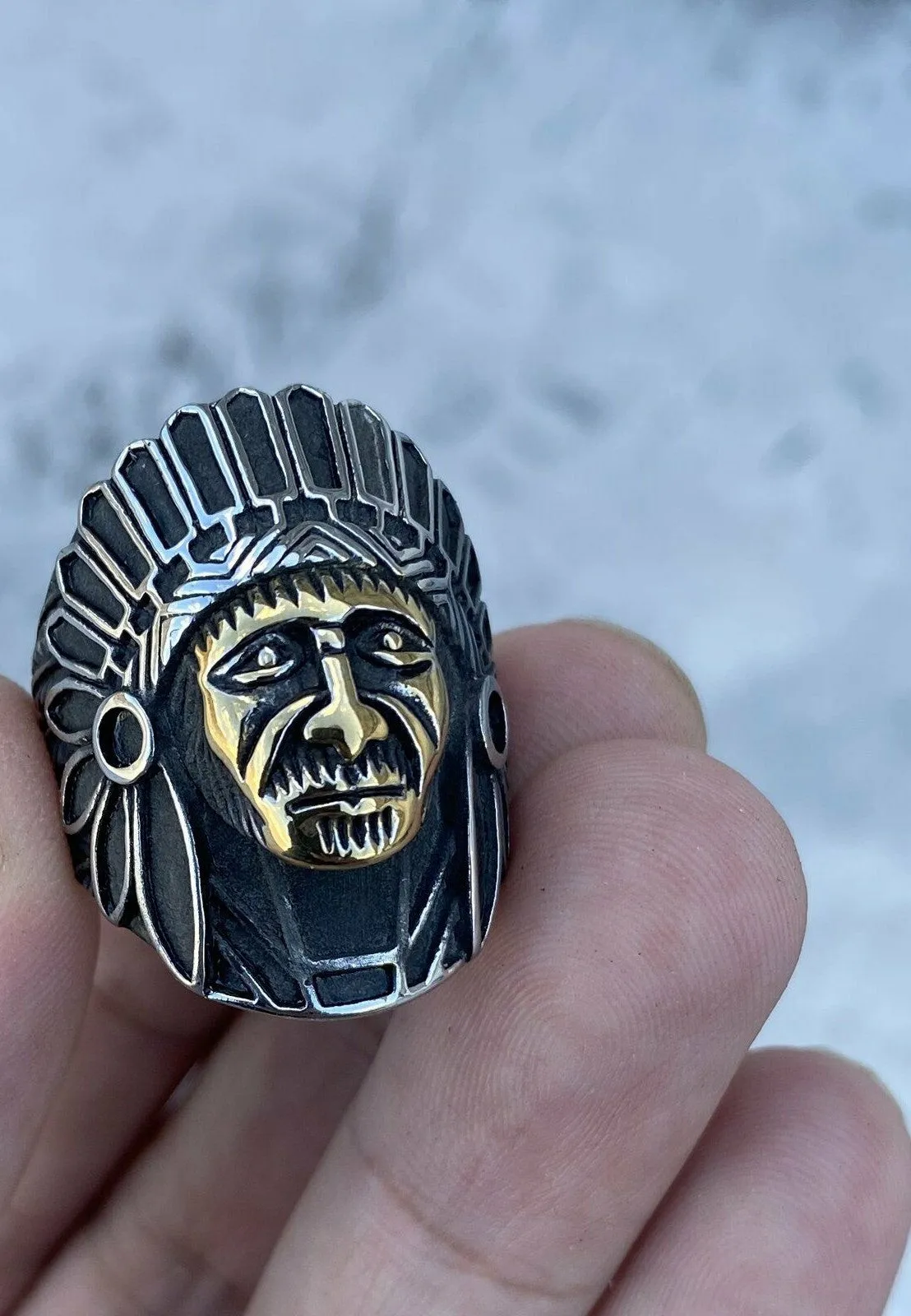 Two-Tone Stainless Steel Indian Chief Tribal Ring