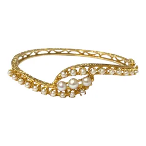 Vintage 14K Yellow Gold and Pearls Bangle Bracelet