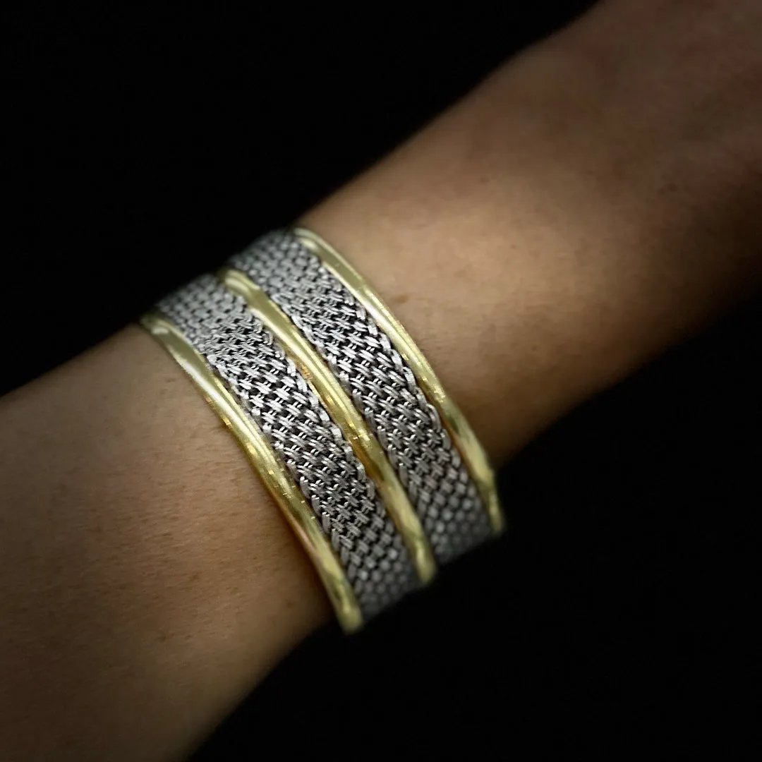 Vintage 925 Sterling Silver and 14K Yellow Gold Weave Cuff Bracelet