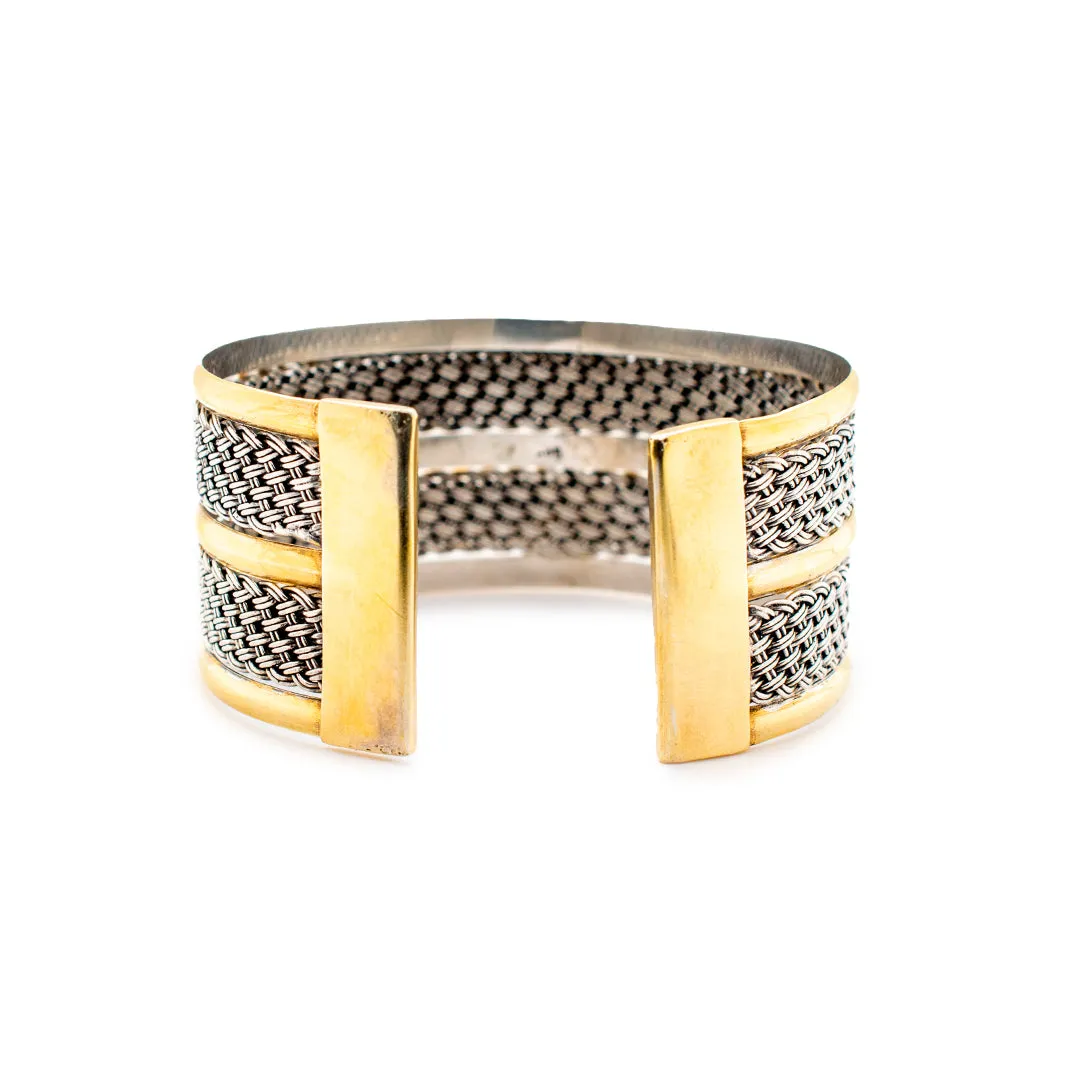 Vintage 925 Sterling Silver and 14K Yellow Gold Weave Cuff Bracelet