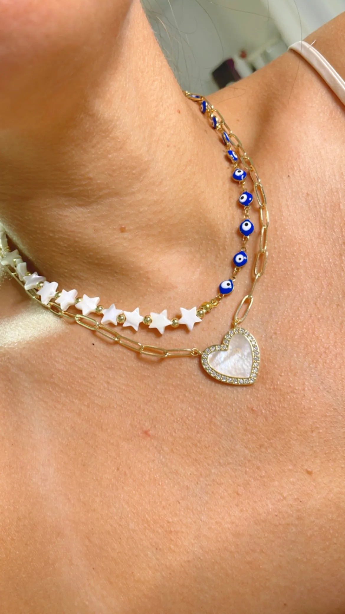 White pearl stone heart pape clip necklace