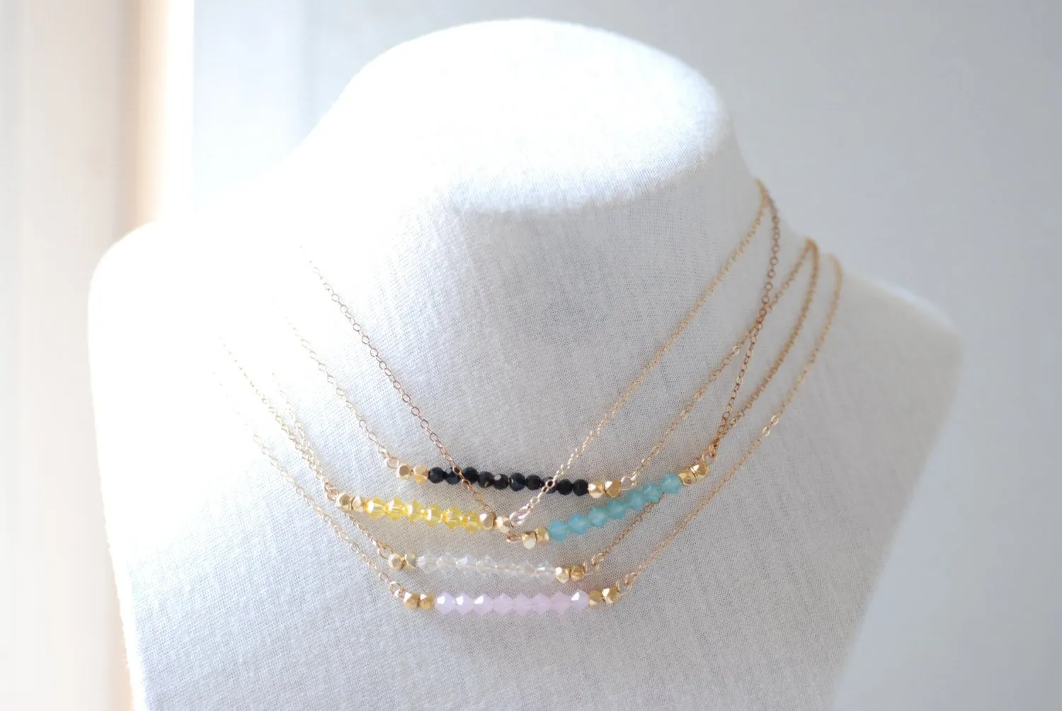 Wholesale Short Gemstone Bar Necklaces, Dainty 14k Gold Fill or Sterling Silver Silver / Delicate Crystal Necklace Bar