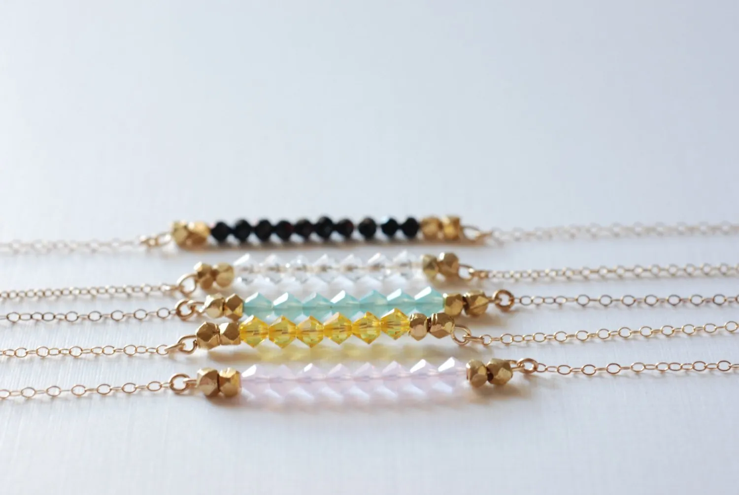 Wholesale Short Gemstone Bar Necklaces, Dainty 14k Gold Fill or Sterling Silver Silver / Delicate Crystal Necklace Bar