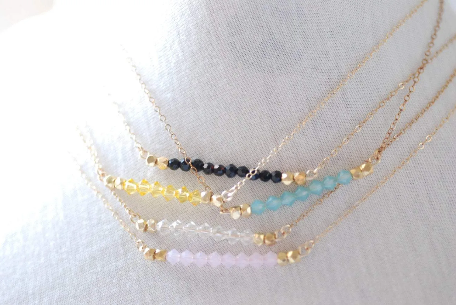 Wholesale Short Gemstone Bar Necklaces, Dainty 14k Gold Fill or Sterling Silver Silver / Delicate Crystal Necklace Bar