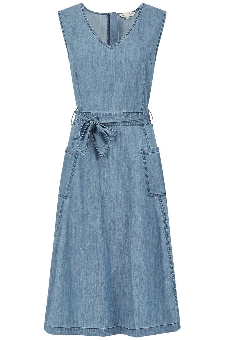 Yumi Blue Chambray Denim Midi Skater Dress